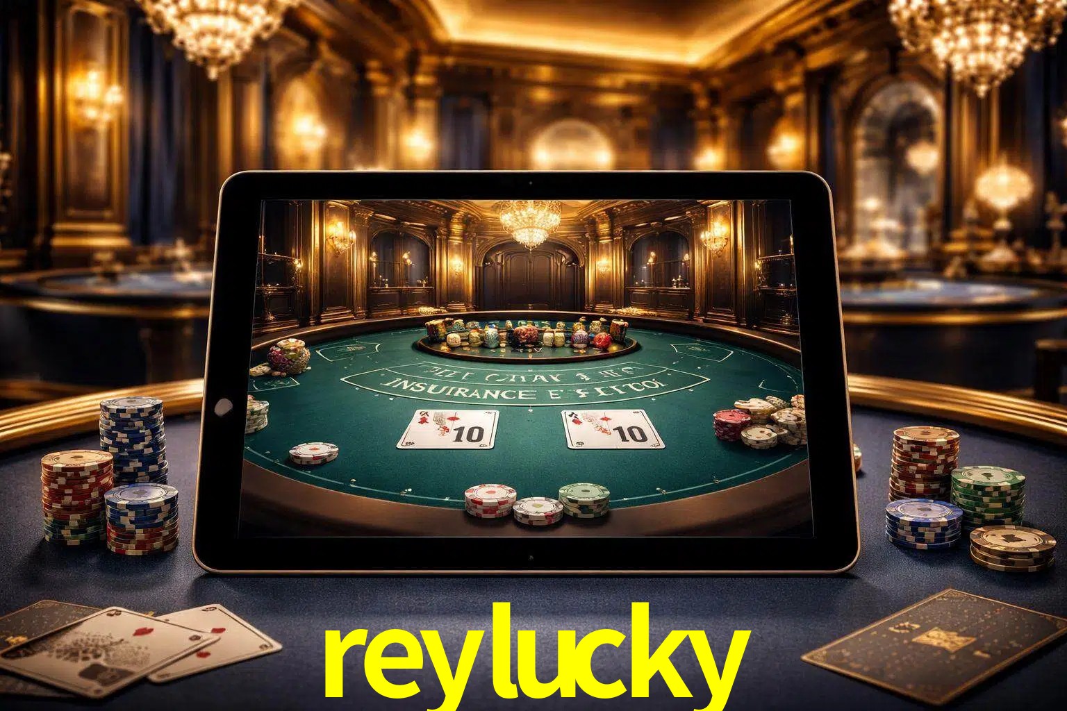 Configuración moderna de casino en vivo con una tableta mostrando una mesa de blackjack, luces cálidas de estudio y una atmósfera elegante de juegos digitales.