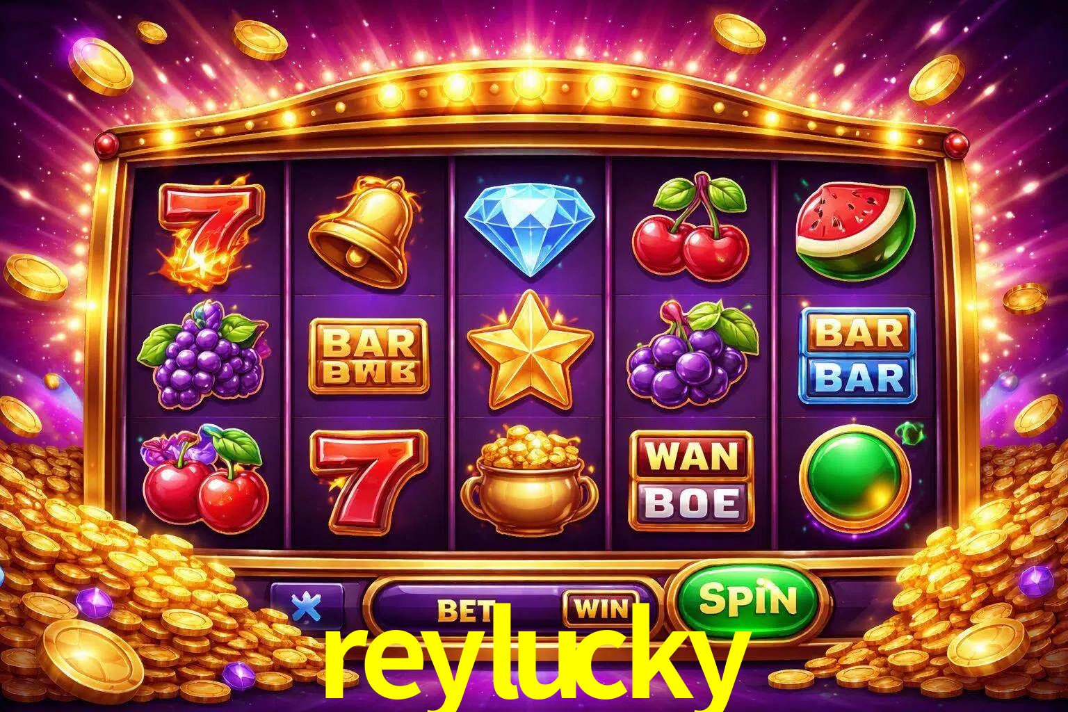 Una interfaz colorida de tragamonedas en línea con símbolos brillantes, monedas y un efecto de victoria celebratoria en reylucky.