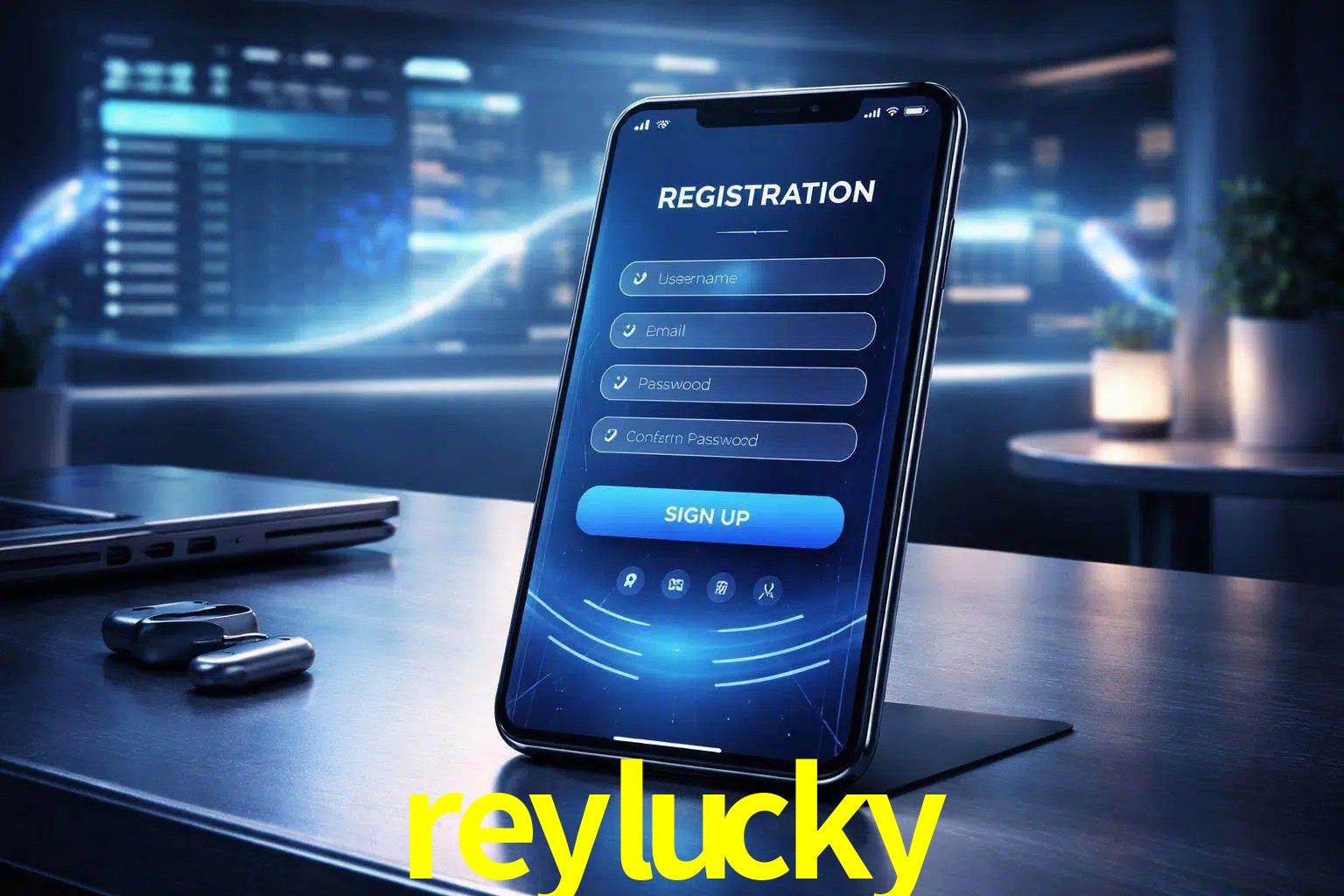 Una interfaz moderna de registro móvil para reylucky mostrada en un smartphone con un panel de apuestas elegante.